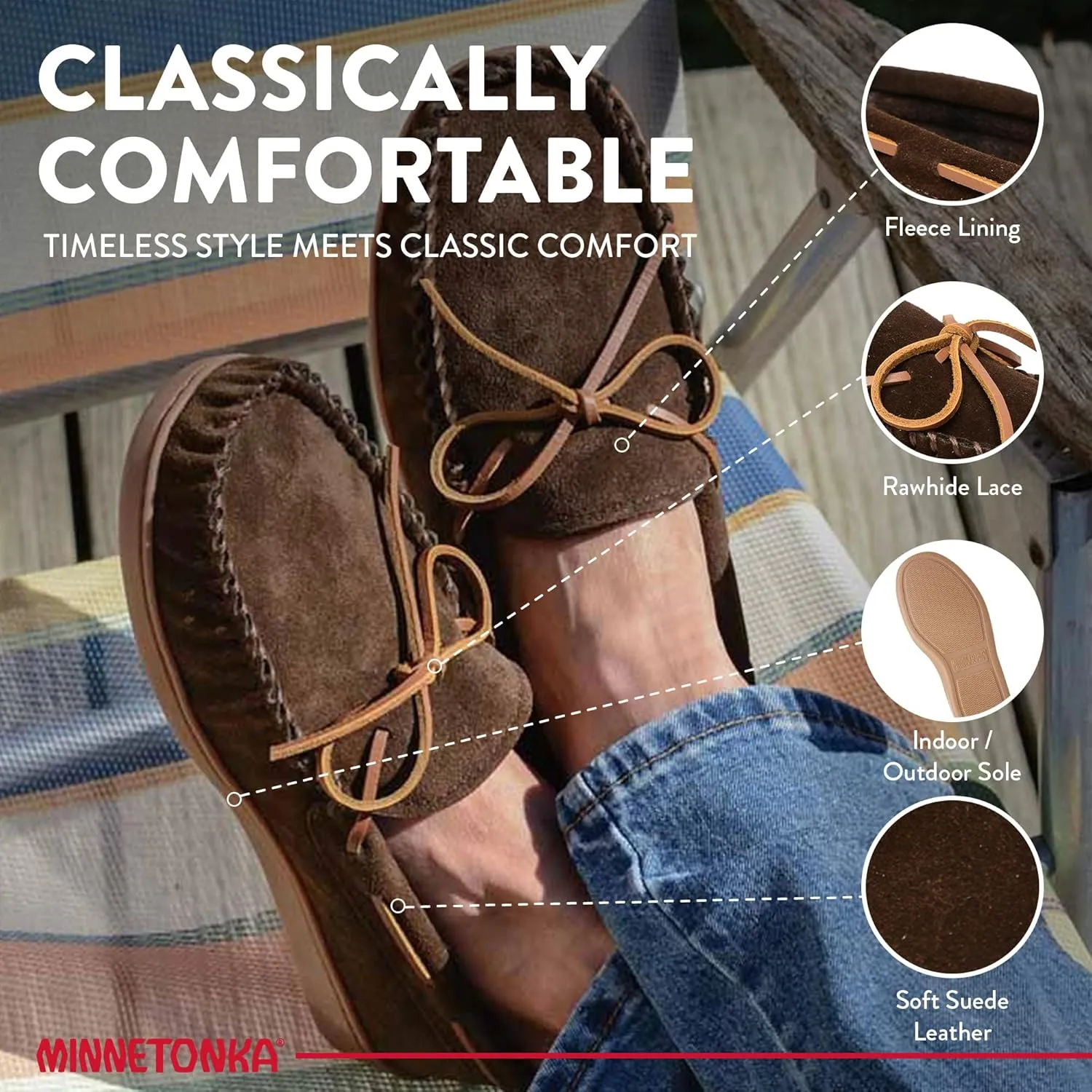 Minnetonka Plaid Lined Hardsole - Moccasin Slippers for Men Made with Suede Upper, Rubber Sole, Plush Interior, Fleece Lining, Rawhide Lace, and Traditional Moccasin Design