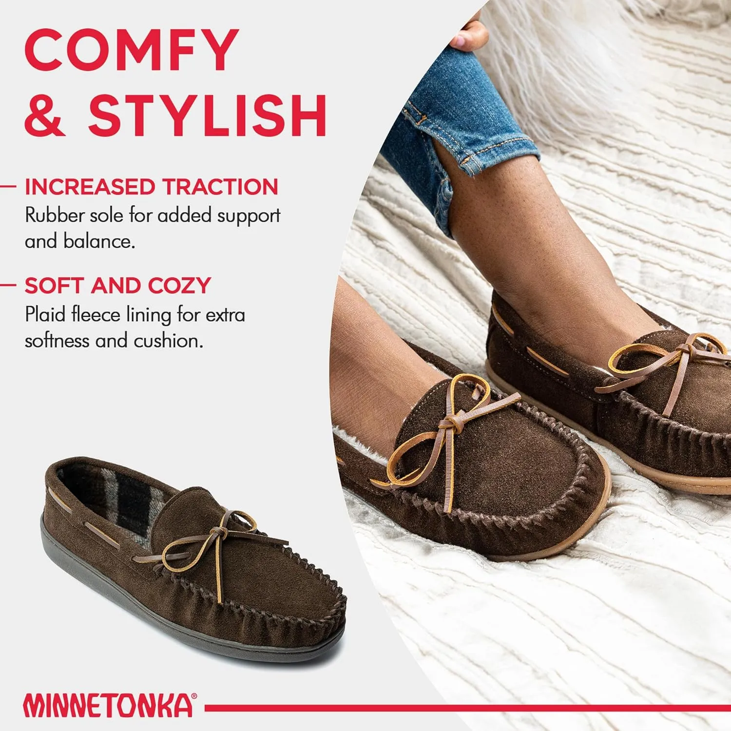Minnetonka Plaid Lined Hardsole - Moccasin Slippers for Men Made with Suede Upper, Rubber Sole, Plush Interior, Fleece Lining, Rawhide Lace, and Traditional Moccasin Design