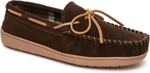Minnetonka Plaid Lined Hardsole - Moccasin Slippers for Men Made with Suede Upper, Rubber Sole, Plush Interior, Fleece Lining, Rawhide Lace, and Traditional Moccasin Design