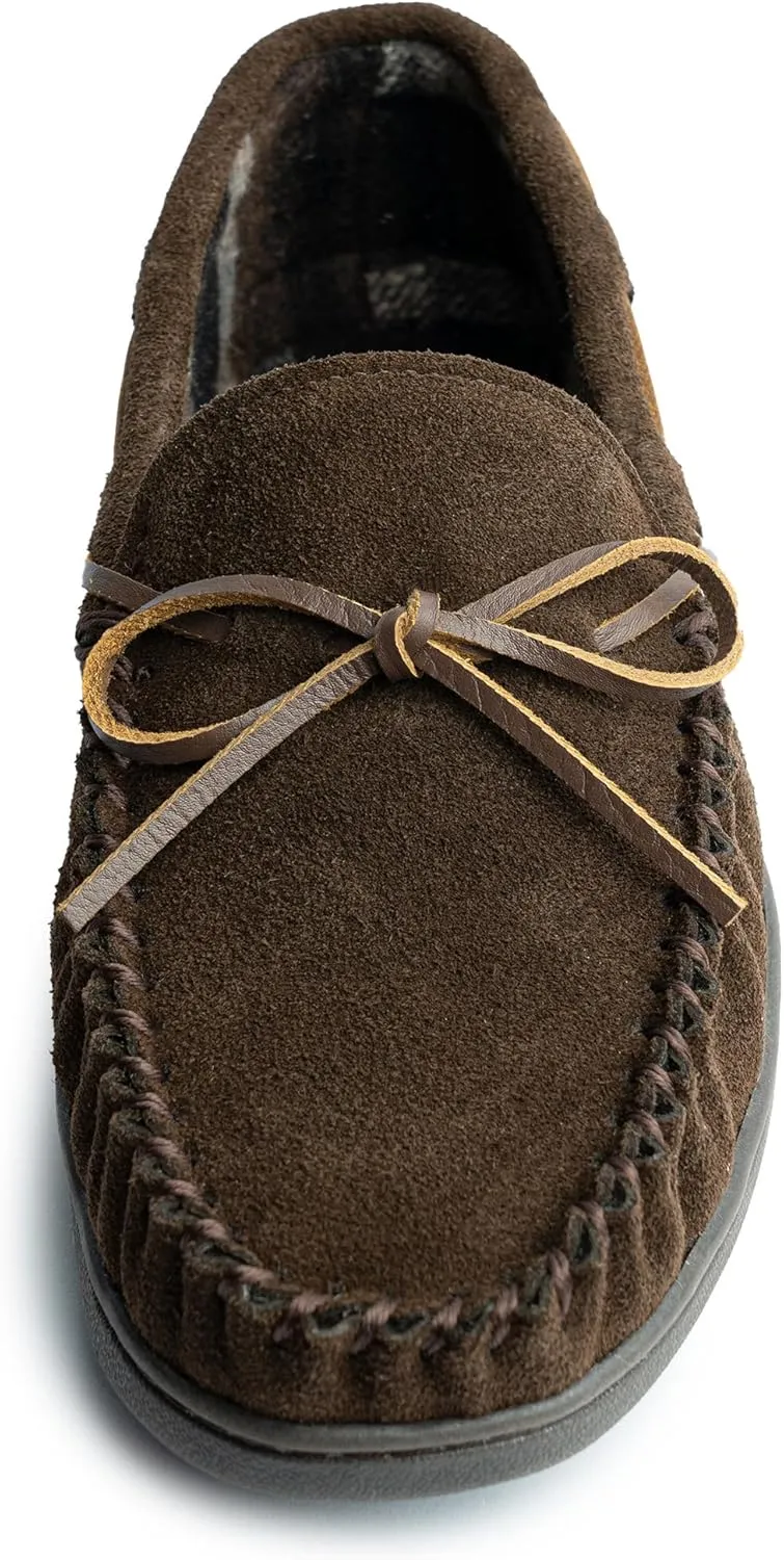 Minnetonka Plaid Lined Hardsole - Moccasin Slippers for Men Made with Suede Upper, Rubber Sole, Plush Interior, Fleece Lining, Rawhide Lace, and Traditional Moccasin Design