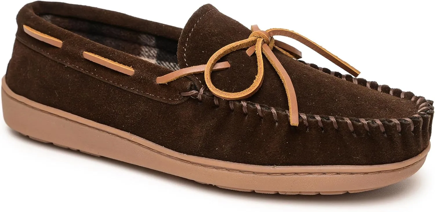 Minnetonka Plaid Lined Hardsole - Moccasin Slippers for Men Made with Suede Upper, Rubber Sole, Plush Interior, Fleece Lining, Rawhide Lace, and Traditional Moccasin Design