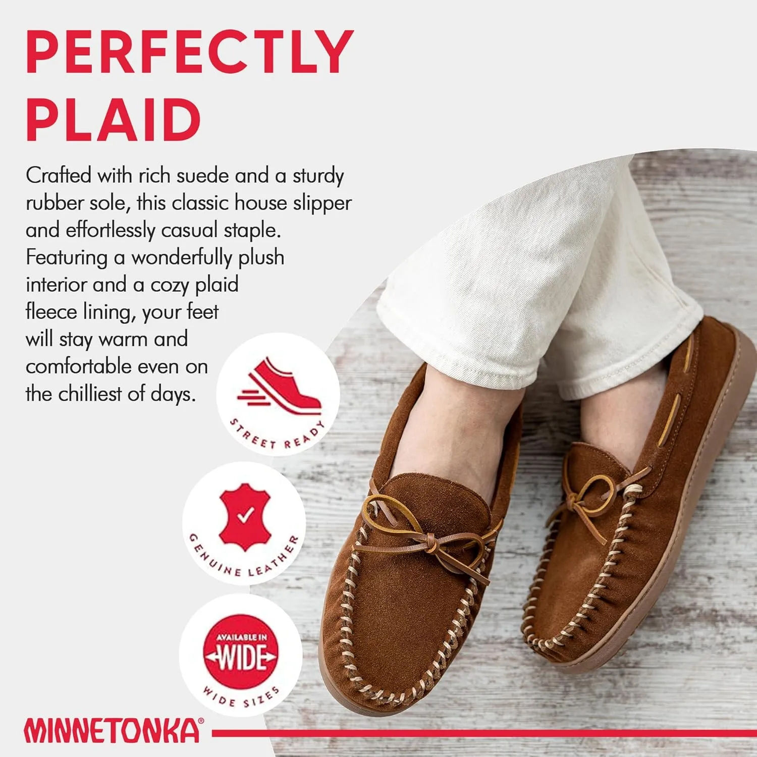 Minnetonka Plaid Lined Hardsole - Moccasin Slippers for Men Made with Suede Upper, Rubber Sole, Plush Interior, Fleece Lining, Rawhide Lace, and Traditional Moccasin Design