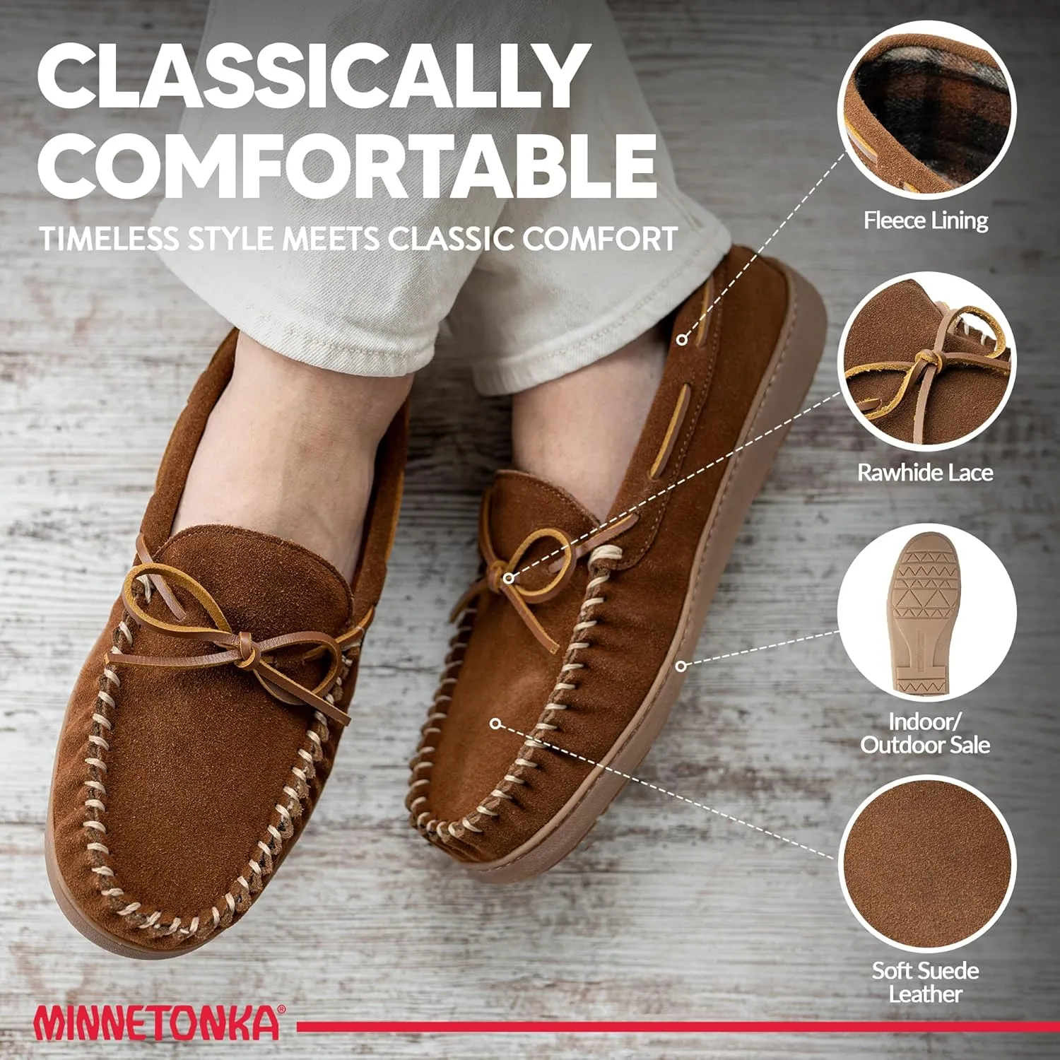 Minnetonka Plaid Lined Hardsole - Moccasin Slippers for Men Made with Suede Upper, Rubber Sole, Plush Interior, Fleece Lining, Rawhide Lace, and Traditional Moccasin Design