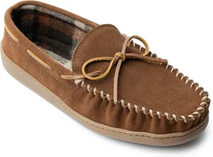 Minnetonka Plaid Lined Hardsole - Moccasin Slippers for Men Made with Suede Upper, Rubber Sole, Plush Interior, Fleece Lining, Rawhide Lace, and Traditional Moccasin Design