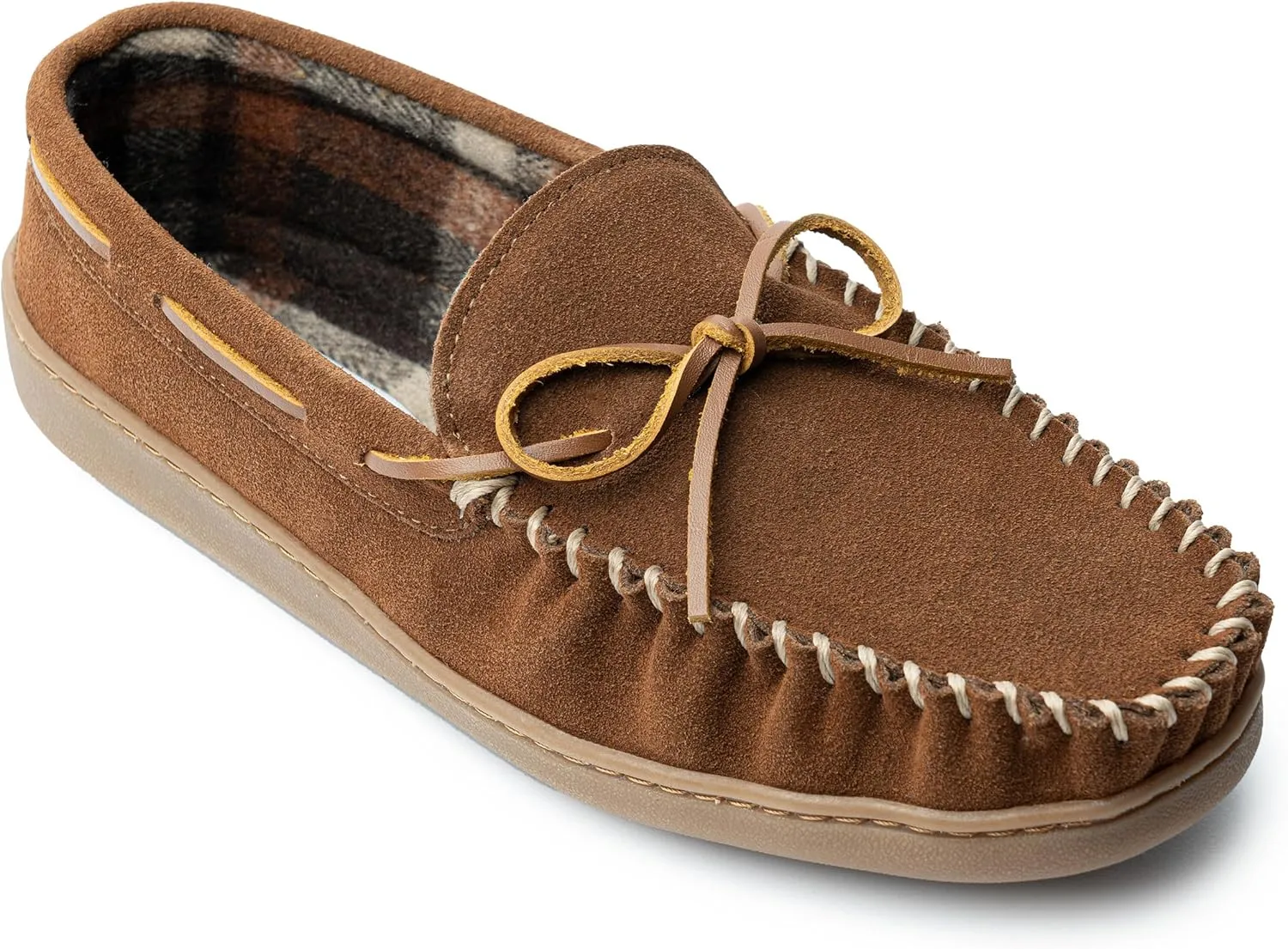 Minnetonka Plaid Lined Hardsole - Moccasin Slippers for Men Made with Suede Upper, Rubber Sole, Plush Interior, Fleece Lining, Rawhide Lace, and Traditional Moccasin Design