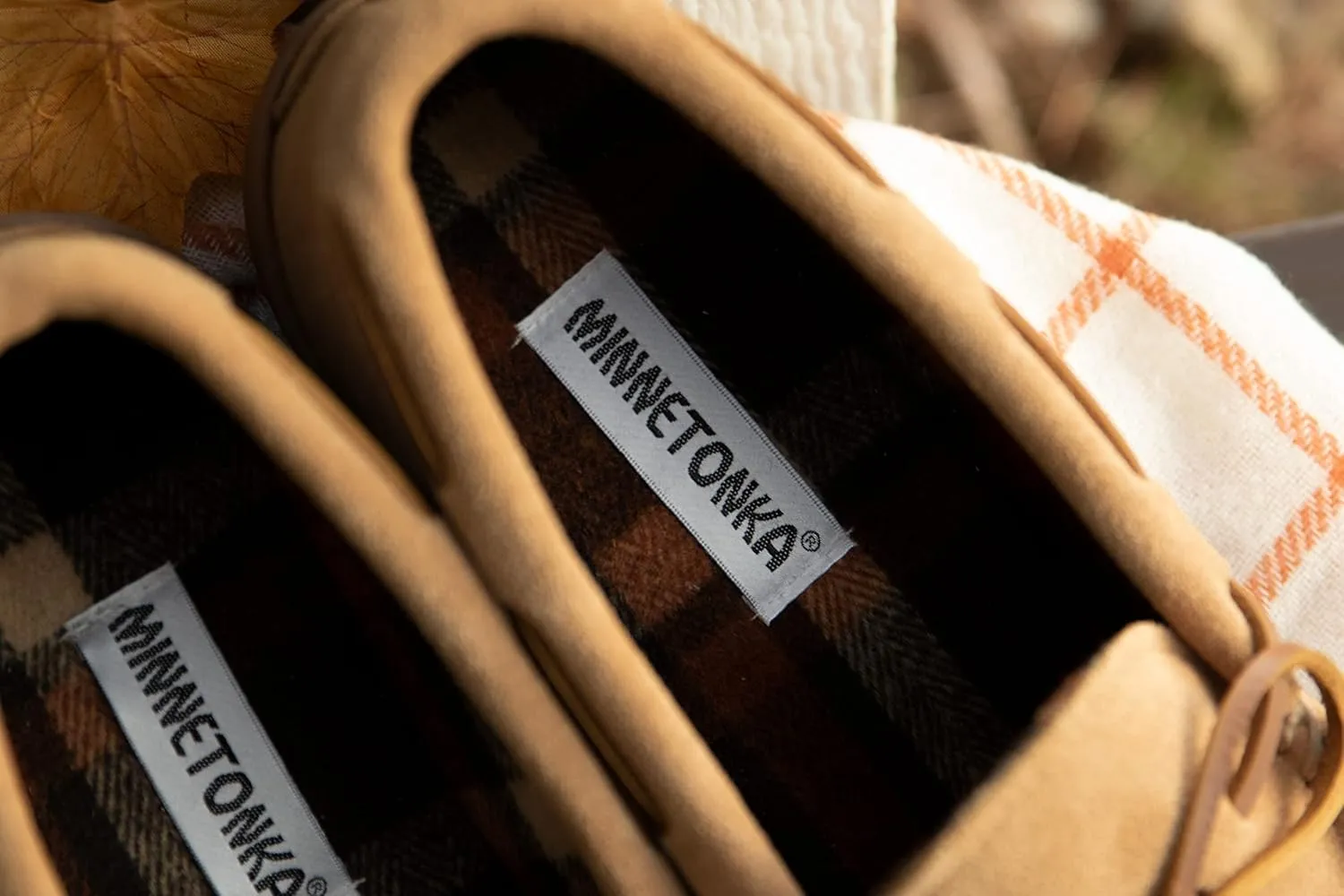 Minnetonka Plaid Lined Hardsole - Moccasin Slippers for Men Made with Suede Upper, Rubber Sole, Plush Interior, Fleece Lining, Rawhide Lace, and Traditional Moccasin Design