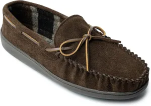 Minnetonka Plaid Lined Hardsole - Moccasin Slippers for Men Made with Suede Upper, Rubber Sole, Plush Interior, Fleece Lining, Rawhide Lace, and Traditional Moccasin Design