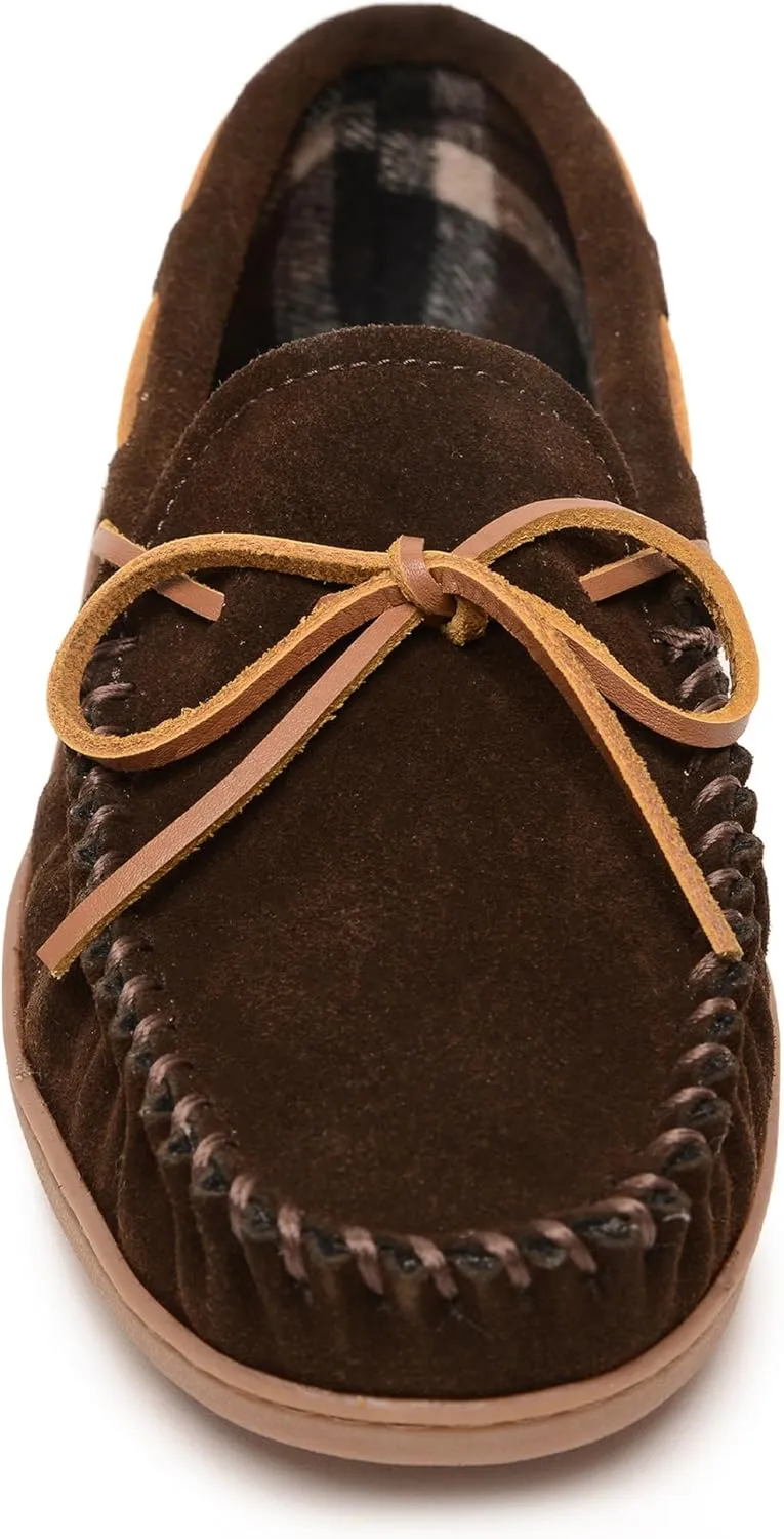 Minnetonka Plaid Lined Hardsole - Moccasin Slippers for Men Made with Suede Upper, Rubber Sole, Plush Interior, Fleece Lining, Rawhide Lace, and Traditional Moccasin Design