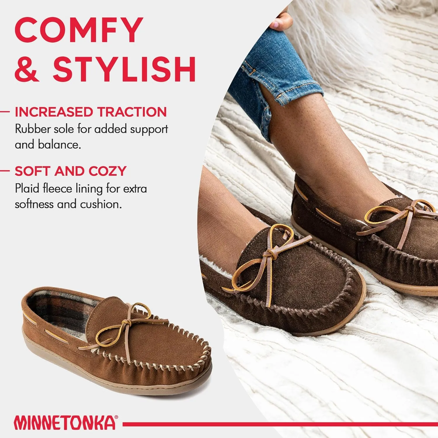 Minnetonka Plaid Lined Hardsole - Moccasin Slippers for Men Made with Suede Upper, Rubber Sole, Plush Interior, Fleece Lining, Rawhide Lace, and Traditional Moccasin Design