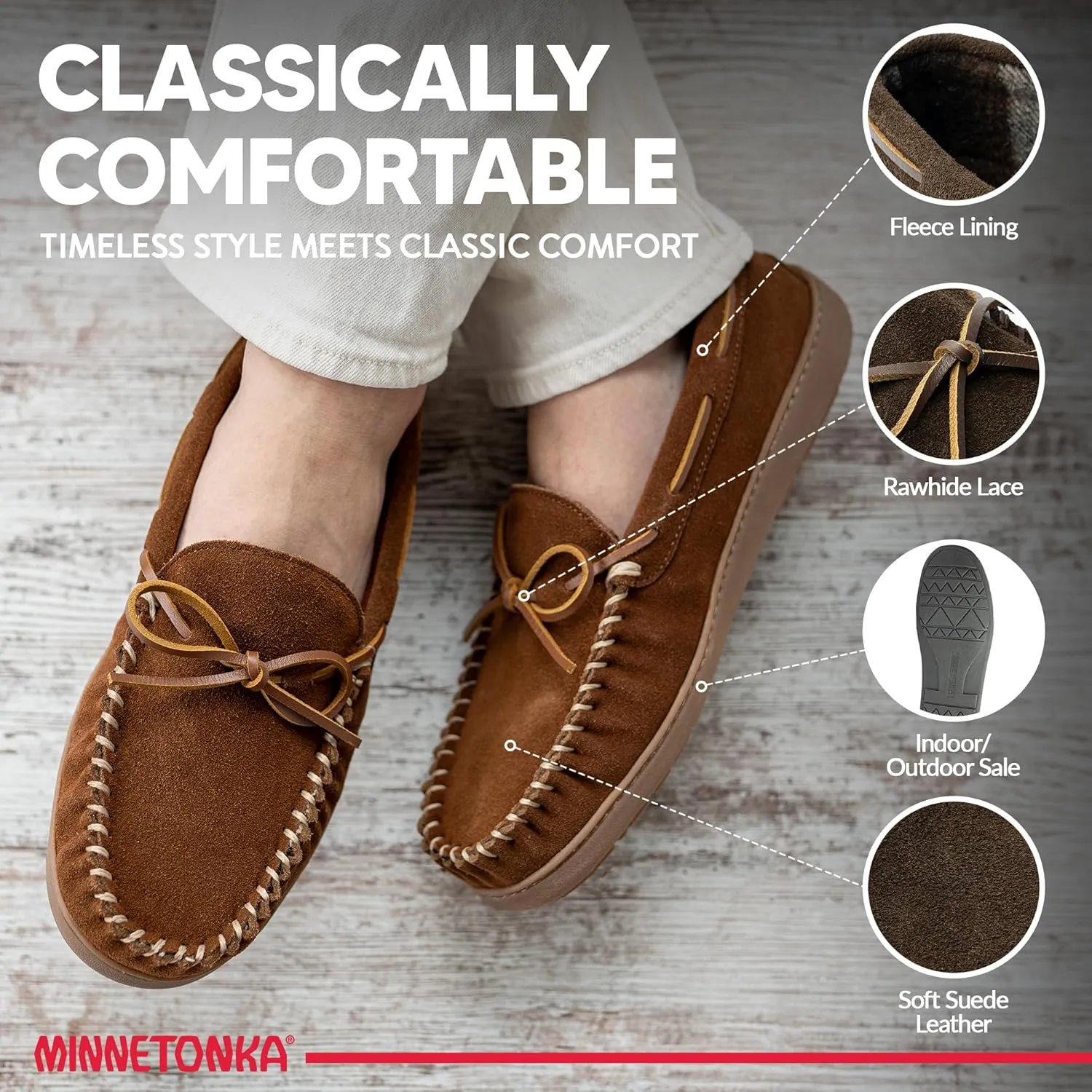 Minnetonka Plaid Lined Hardsole - Moccasin Slippers for Men Made with Suede Upper, Rubber Sole, Plush Interior, Fleece Lining, Rawhide Lace, and Traditional Moccasin Design