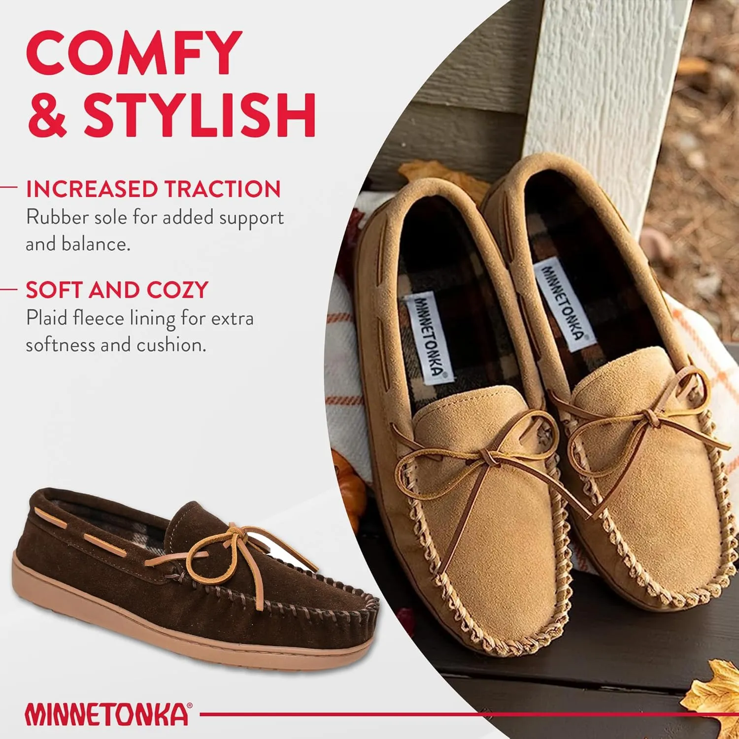 Minnetonka Plaid Lined Hardsole - Moccasin Slippers for Men Made with Suede Upper, Rubber Sole, Plush Interior, Fleece Lining, Rawhide Lace, and Traditional Moccasin Design