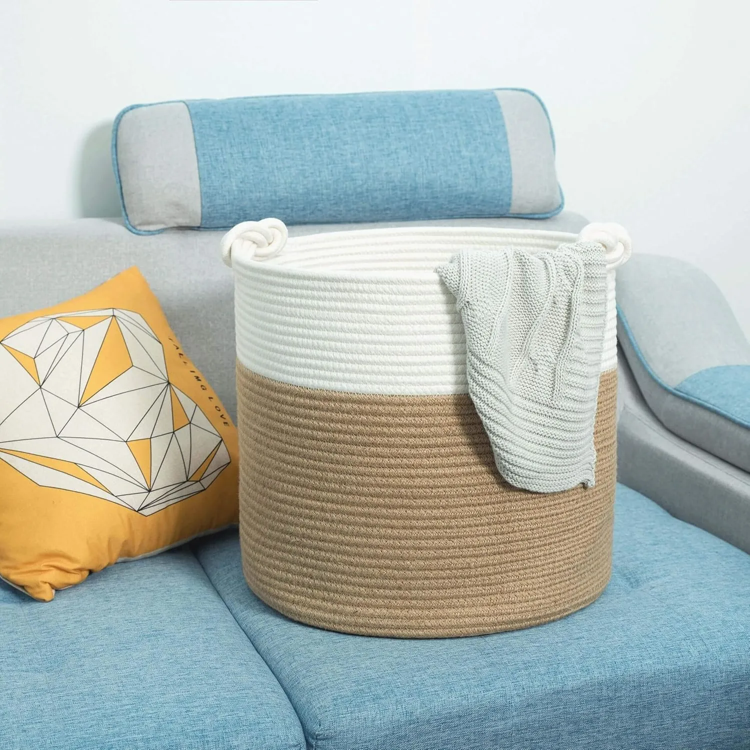 MINTWOOD Design 15 x 14.2 Inches Woven Cotton Rope Blanket Storage and Gift Basket Bin for Stuffed Dog Toys, Pool Towels, Shoes, Laundry Hamper, Jute