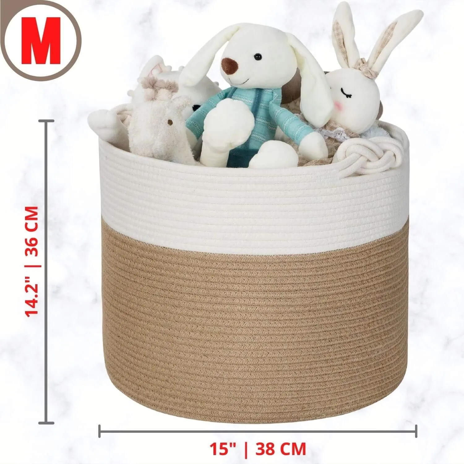 MINTWOOD Design 15 x 14.2 Inches Woven Cotton Rope Blanket Storage and Gift Basket Bin for Stuffed Dog Toys, Pool Towels, Shoes, Laundry Hamper, Jute