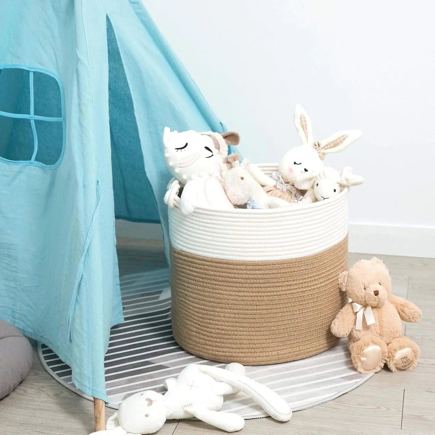 MINTWOOD Design 15 x 14.2 Inches Woven Cotton Rope Blanket Storage and Gift Basket Bin for Stuffed Dog Toys, Pool Towels, Shoes, Laundry Hamper, Jute