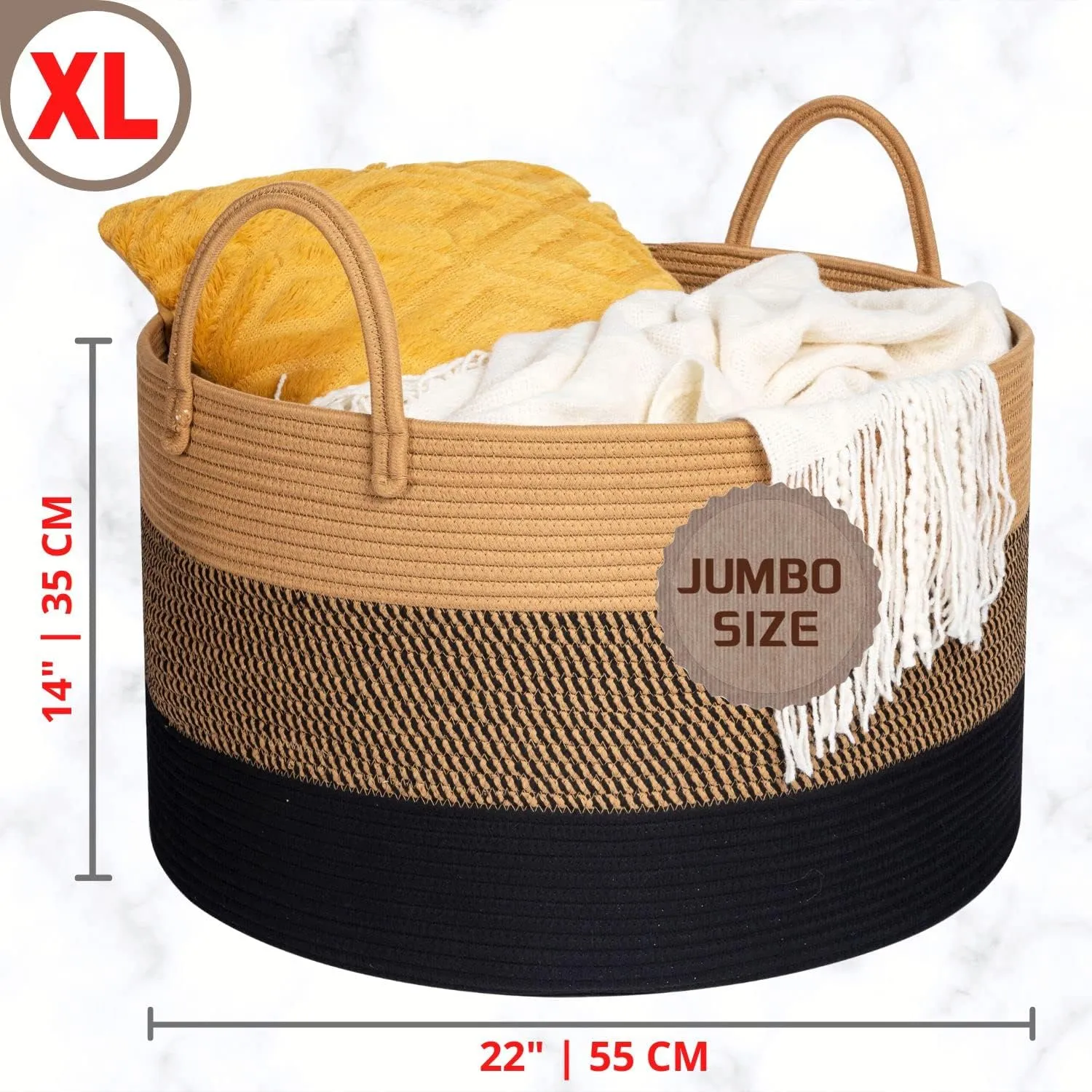 MINTWOOD Design Extra Large 22 x 14in Decorative Woven Cotton Rope Blanket Storage Basket Bin Living Room with Long Handles, Laundry Hamper for Pillows, Pool Towels, Dog Toys, Shoes, Black Jute