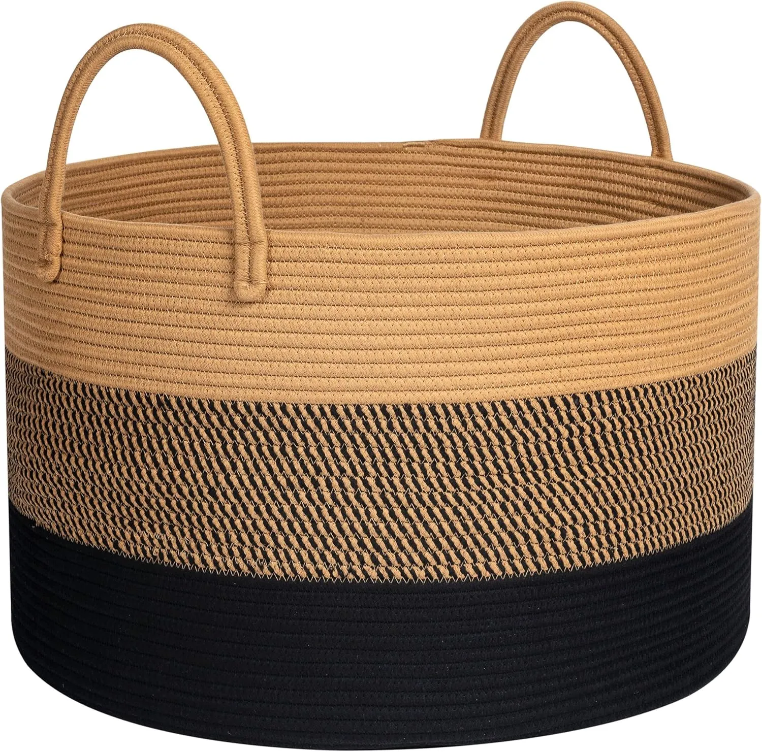 MINTWOOD Design Extra Large 22 x 14in Decorative Woven Cotton Rope Blanket Storage Basket Bin Living Room with Long Handles, Laundry Hamper for Pillows, Pool Towels, Dog Toys, Shoes, Black Jute