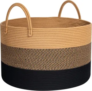 MINTWOOD Design Extra Large 22 x 14in Decorative Woven Cotton Rope Blanket Storage Basket Bin Living Room with Long Handles, Laundry Hamper for Pillows, Pool Towels, Dog Toys, Shoes, Black Jute