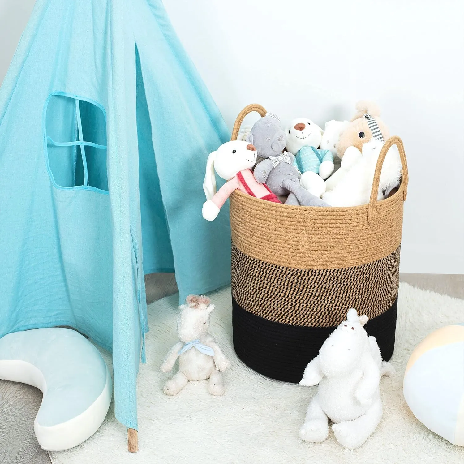 MINTWOOD Design Large 18 x 16 Inches Decorative Woven Cotton Rope Basket, Tall Laundry Basket Hamper, Blanket Basket for Living Room, Storage Baskets for Toys, Towel, Throw, Pillow, Black Jute