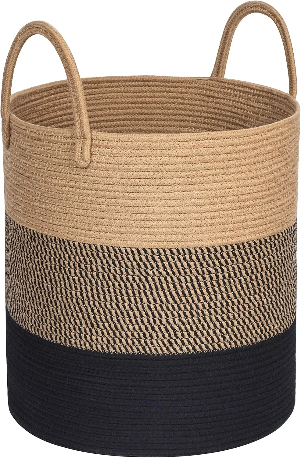 MINTWOOD Design Large 18 x 16 Inches Decorative Woven Cotton Rope Basket, Tall Laundry Basket Hamper, Blanket Basket for Living Room, Storage Baskets for Toys, Towel, Throw, Pillow, Black Jute