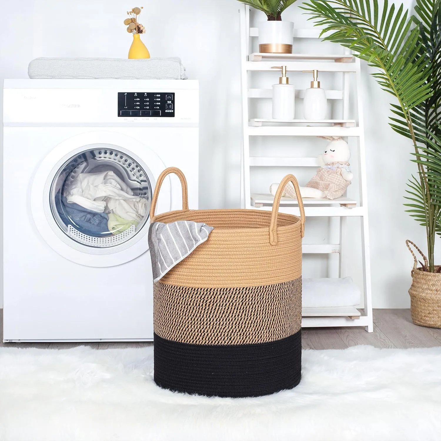 MINTWOOD Design Large 18 x 16 Inches Decorative Woven Cotton Rope Basket, Tall Laundry Basket Hamper, Blanket Basket for Living Room, Storage Baskets for Toys, Towel, Throw, Pillow, Black Jute