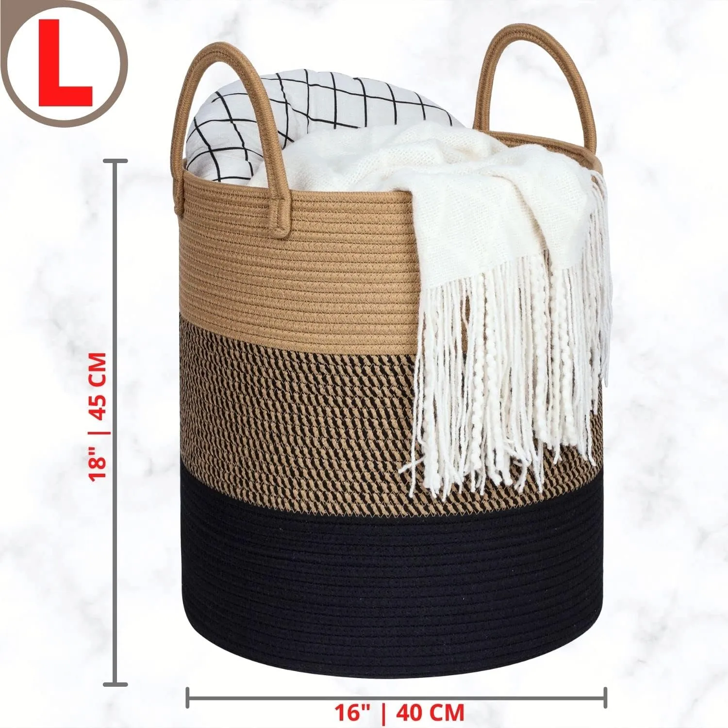 MINTWOOD Design Large 18 x 16 Inches Decorative Woven Cotton Rope Basket, Tall Laundry Basket Hamper, Blanket Basket for Living Room, Storage Baskets for Toys, Towel, Throw, Pillow, Black Jute