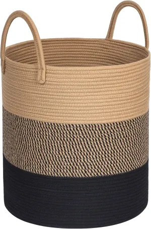 MINTWOOD Design Large 18 x 16 Inches Decorative Woven Cotton Rope Basket, Tall Laundry Basket Hamper, Blanket Basket for Living Room, Storage Baskets for Toys, Towel, Throw, Pillow, Black Jute