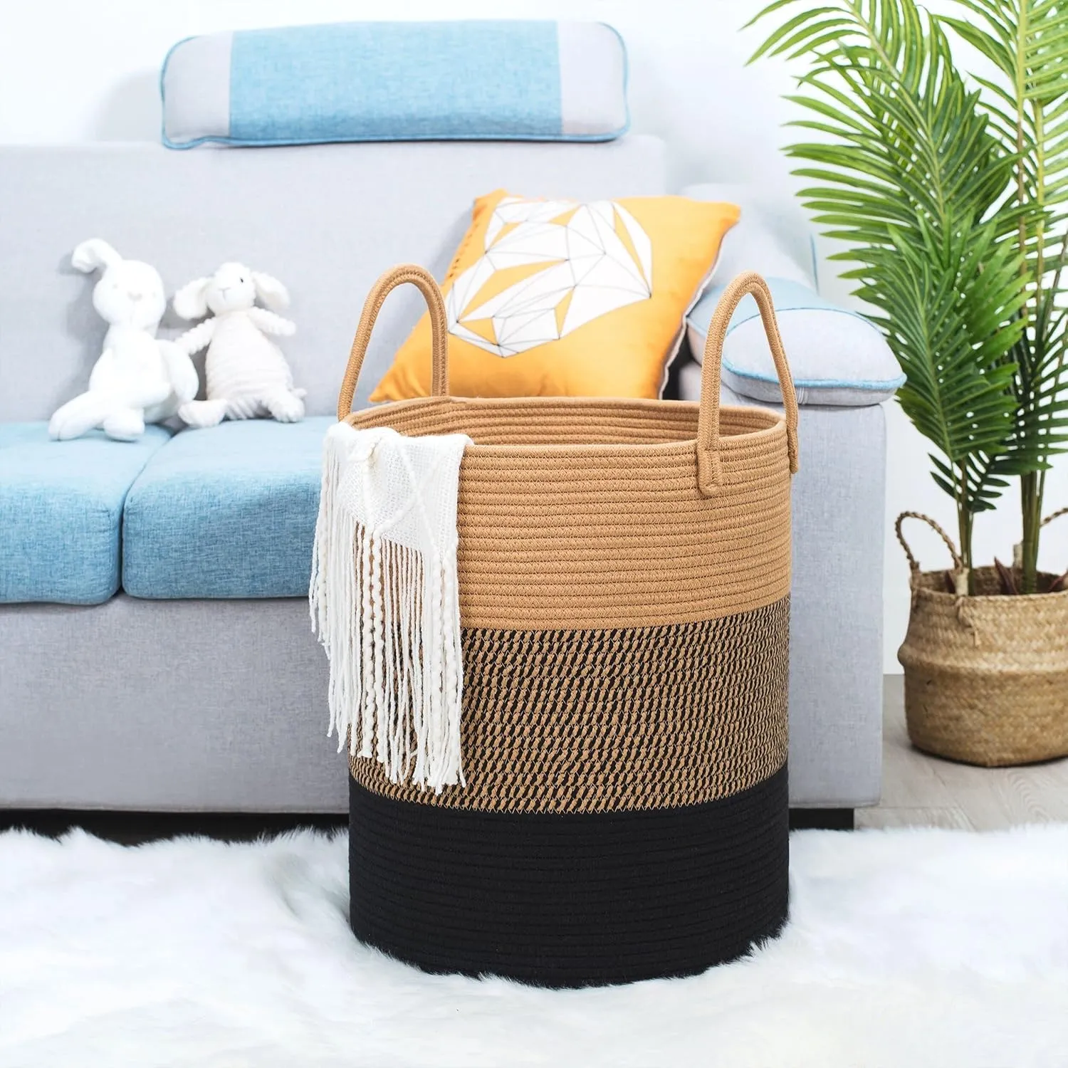 MINTWOOD Design Large 18 x 16 Inches Decorative Woven Cotton Rope Basket, Tall Laundry Basket Hamper, Blanket Basket for Living Room, Storage Baskets for Toys, Towel, Throw, Pillow, Black Jute