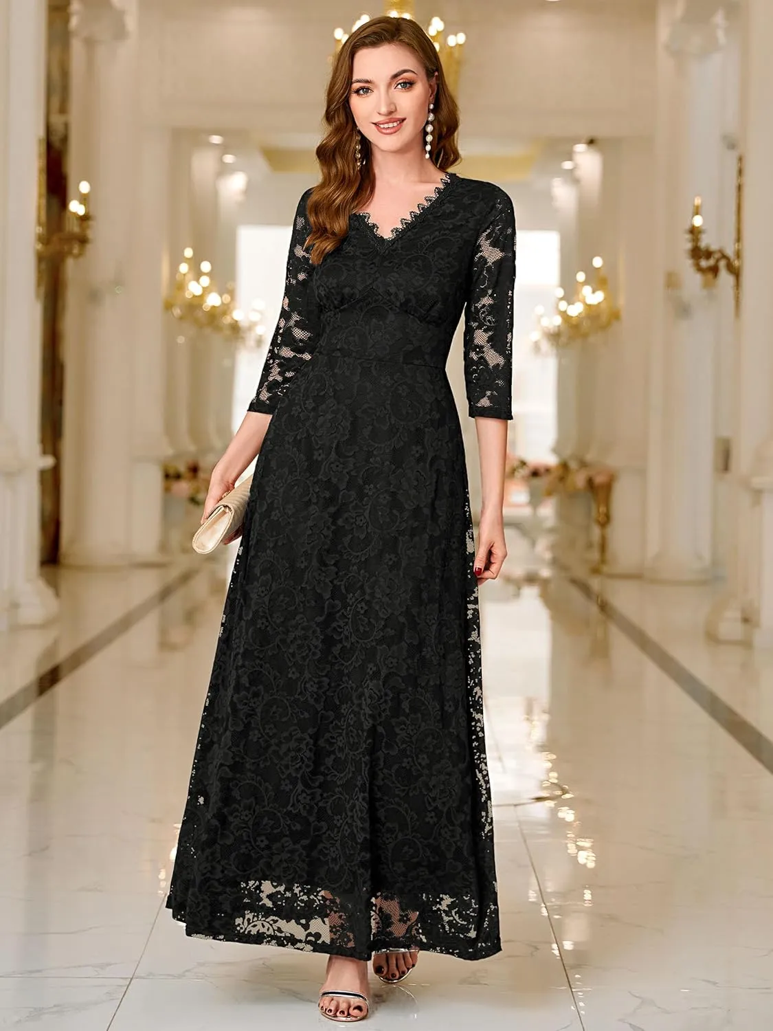 MISSMAY Women's Formal Floral Lace 2/3 Sleeves Bridesmaid Party Maxi Dress