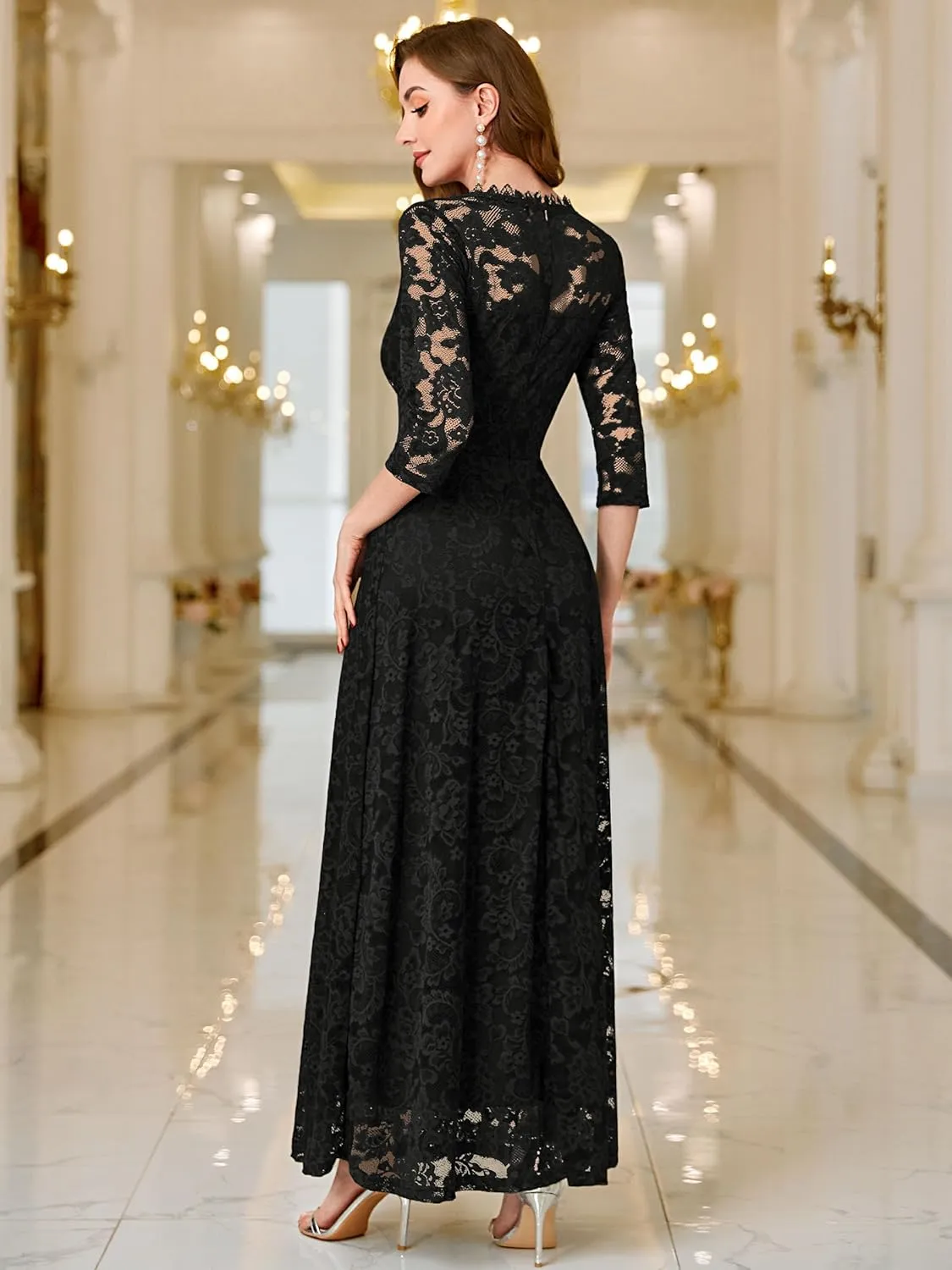 MISSMAY Women's Formal Floral Lace 2/3 Sleeves Bridesmaid Party Maxi Dress