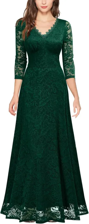 MISSMAY Women's Formal Floral Lace 2/3 Sleeves Bridesmaid Party Maxi Dress