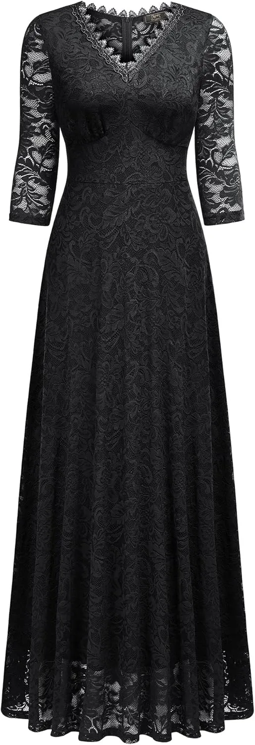 MISSMAY Women's Formal Floral Lace 2/3 Sleeves Bridesmaid Party Maxi Dress