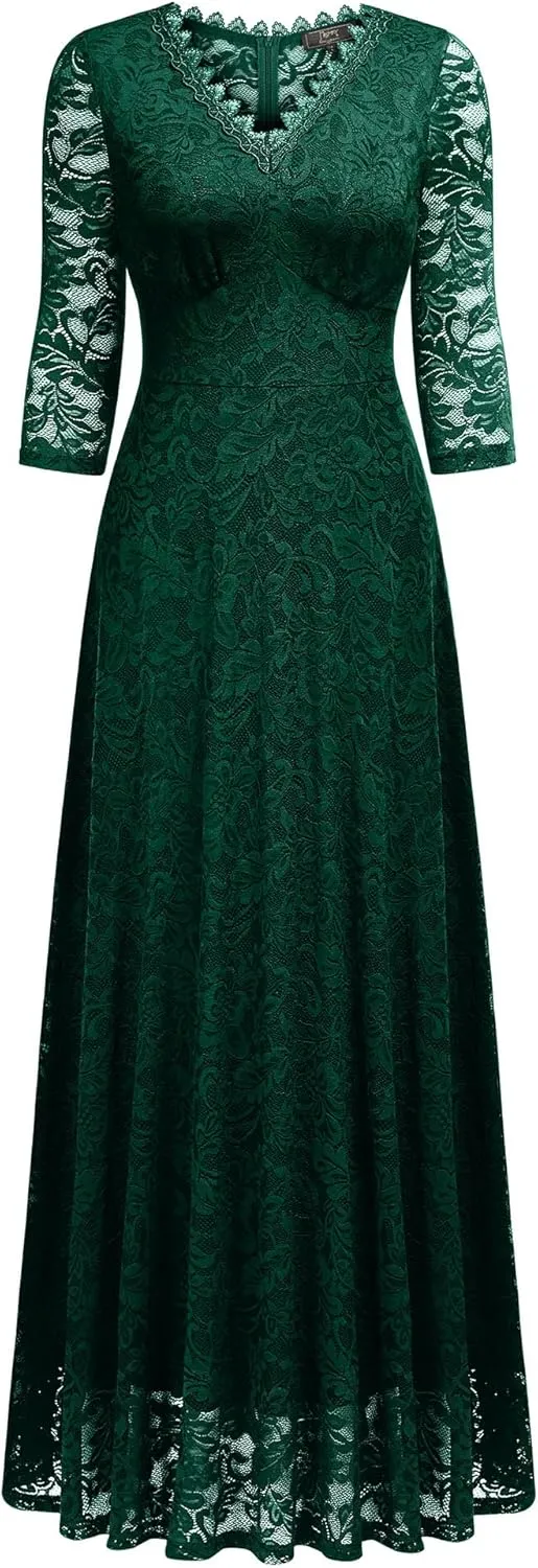 MISSMAY Women's Formal Floral Lace 2/3 Sleeves Bridesmaid Party Maxi Dress
