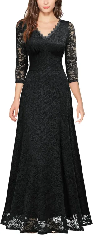 MISSMAY Women's Formal Floral Lace 2/3 Sleeves Bridesmaid Party Maxi Dress