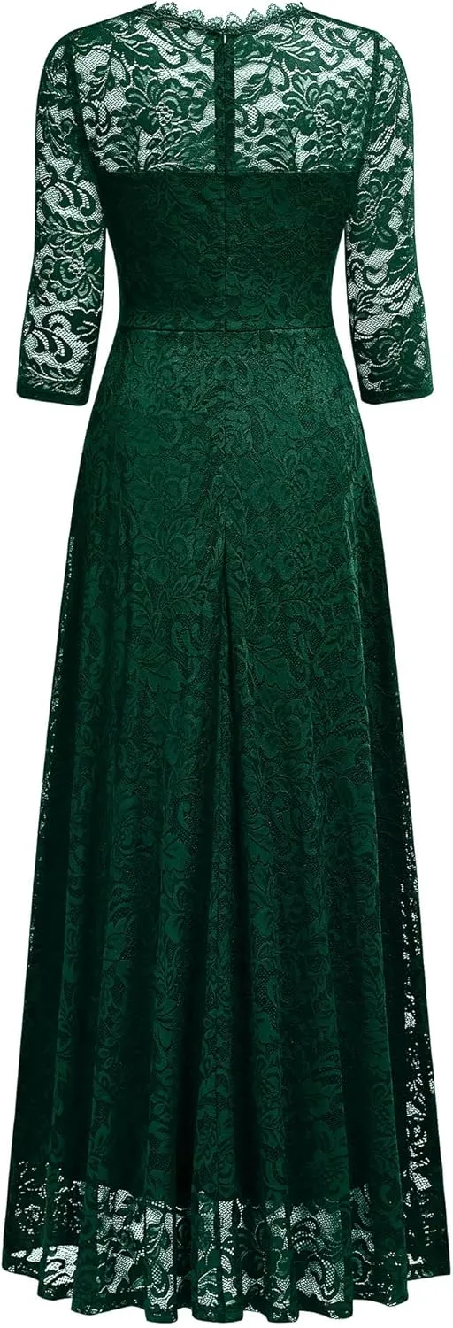 MISSMAY Women's Formal Floral Lace 2/3 Sleeves Bridesmaid Party Maxi Dress