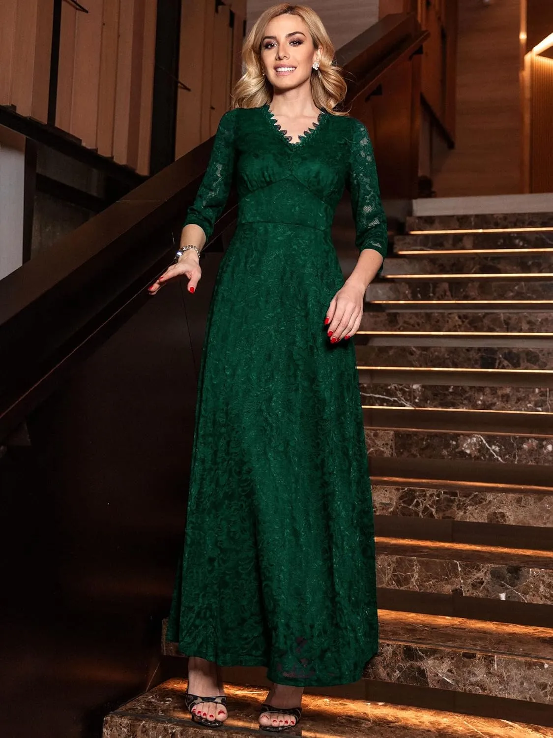 MISSMAY Women's Formal Floral Lace 2/3 Sleeves Bridesmaid Party Maxi Dress