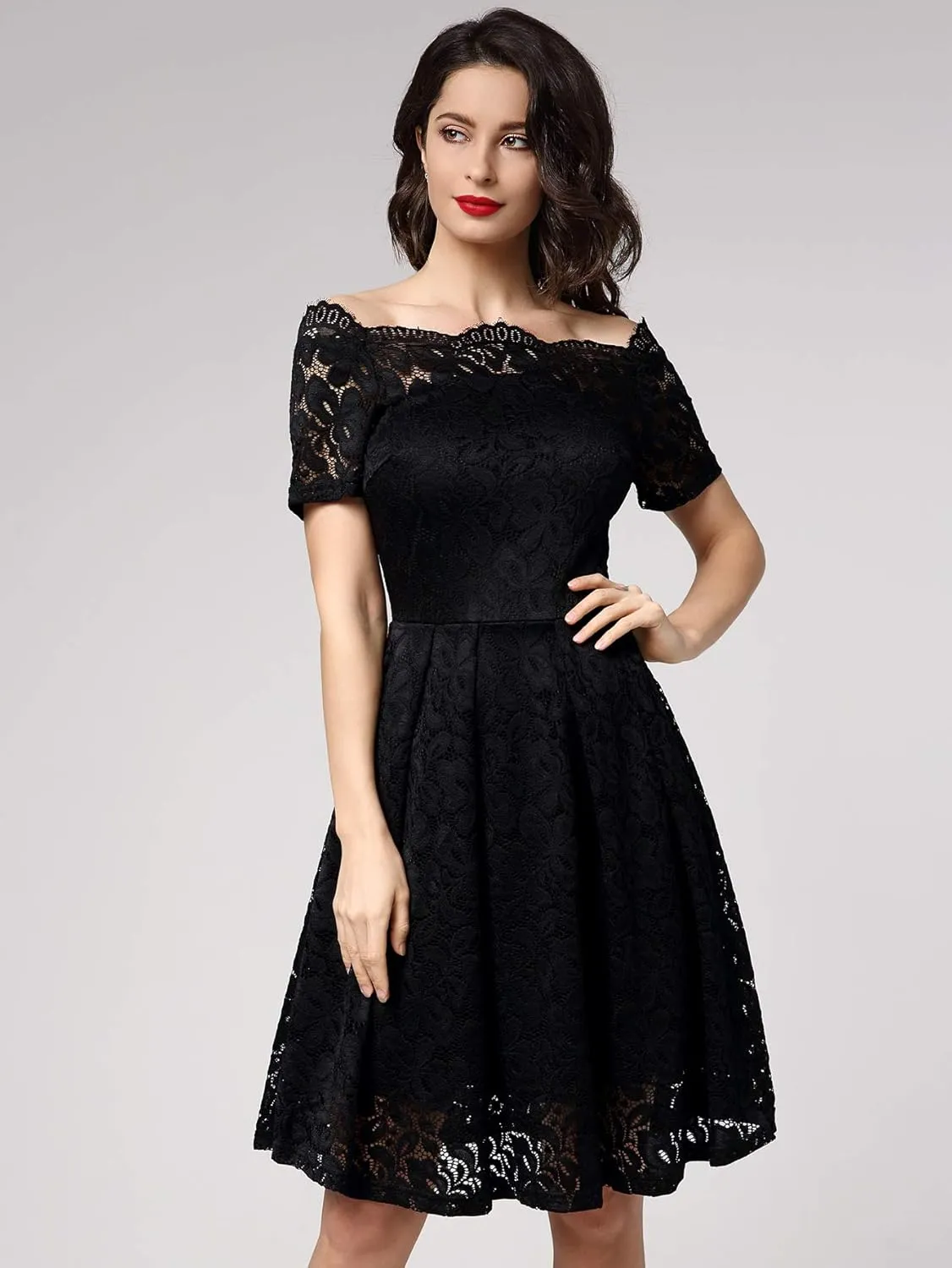 MISSMAY Women's Vintage Floral Lace Short Sleeve Boat Neck Cocktail Party Swing Dress
