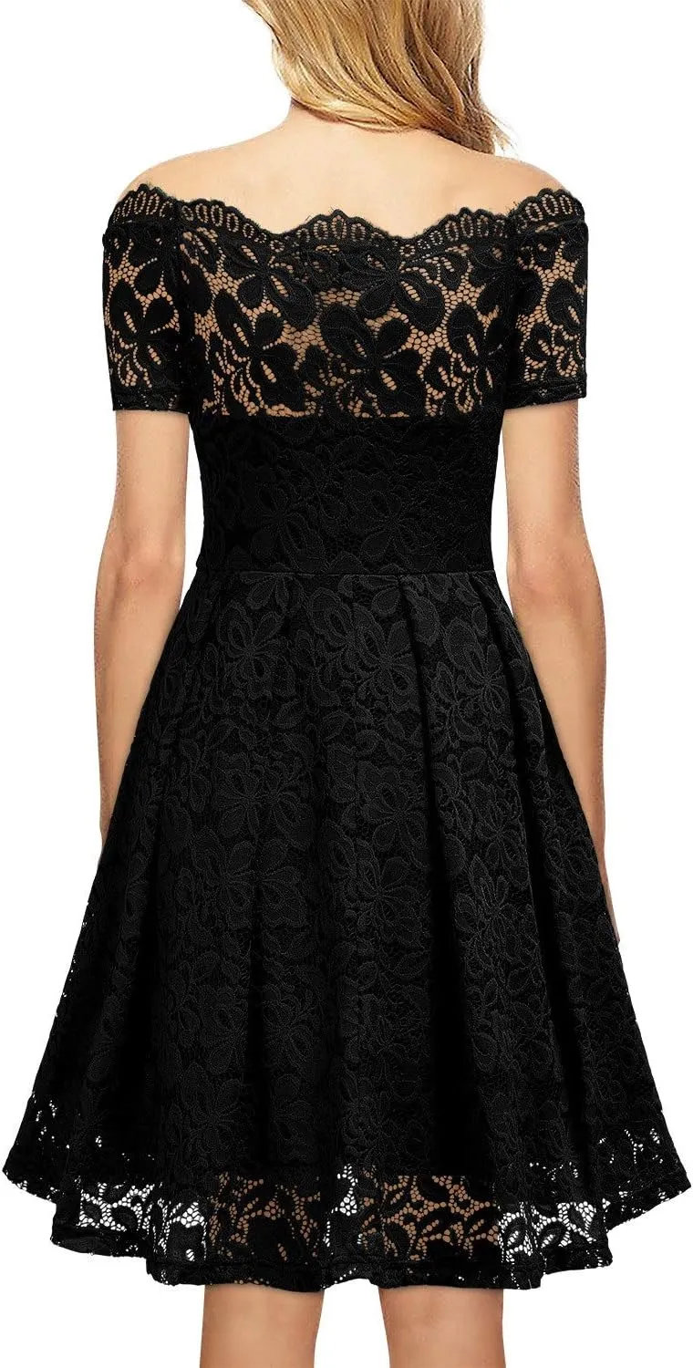 MISSMAY Women's Vintage Floral Lace Short Sleeve Boat Neck Cocktail Party Swing Dress