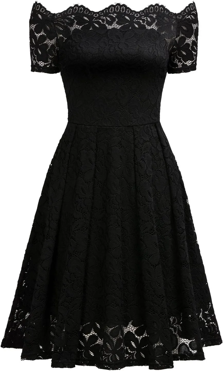 MISSMAY Women's Vintage Floral Lace Short Sleeve Boat Neck Cocktail Party Swing Dress