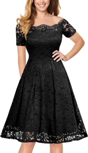 MISSMAY Women's Vintage Floral Lace Short Sleeve Boat Neck Cocktail Party Swing Dress