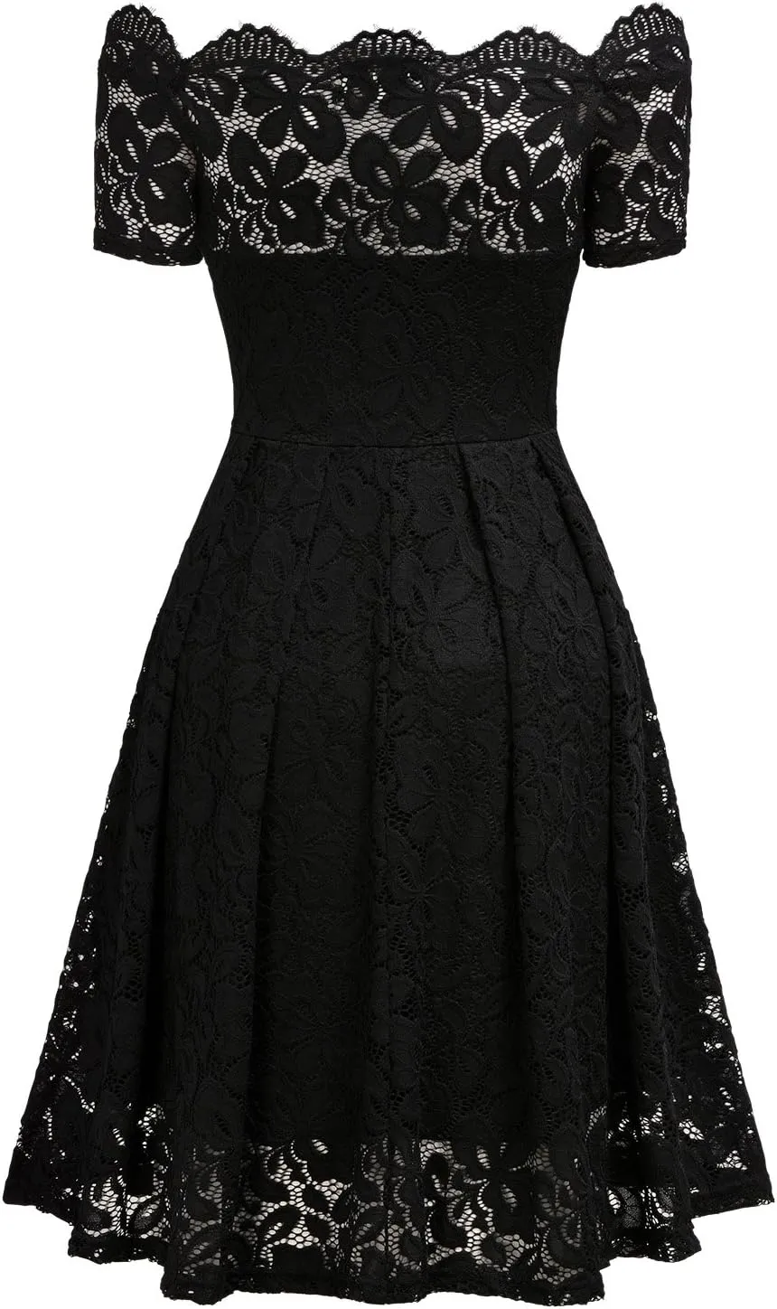 MISSMAY Women's Vintage Floral Lace Short Sleeve Boat Neck Cocktail Party Swing Dress