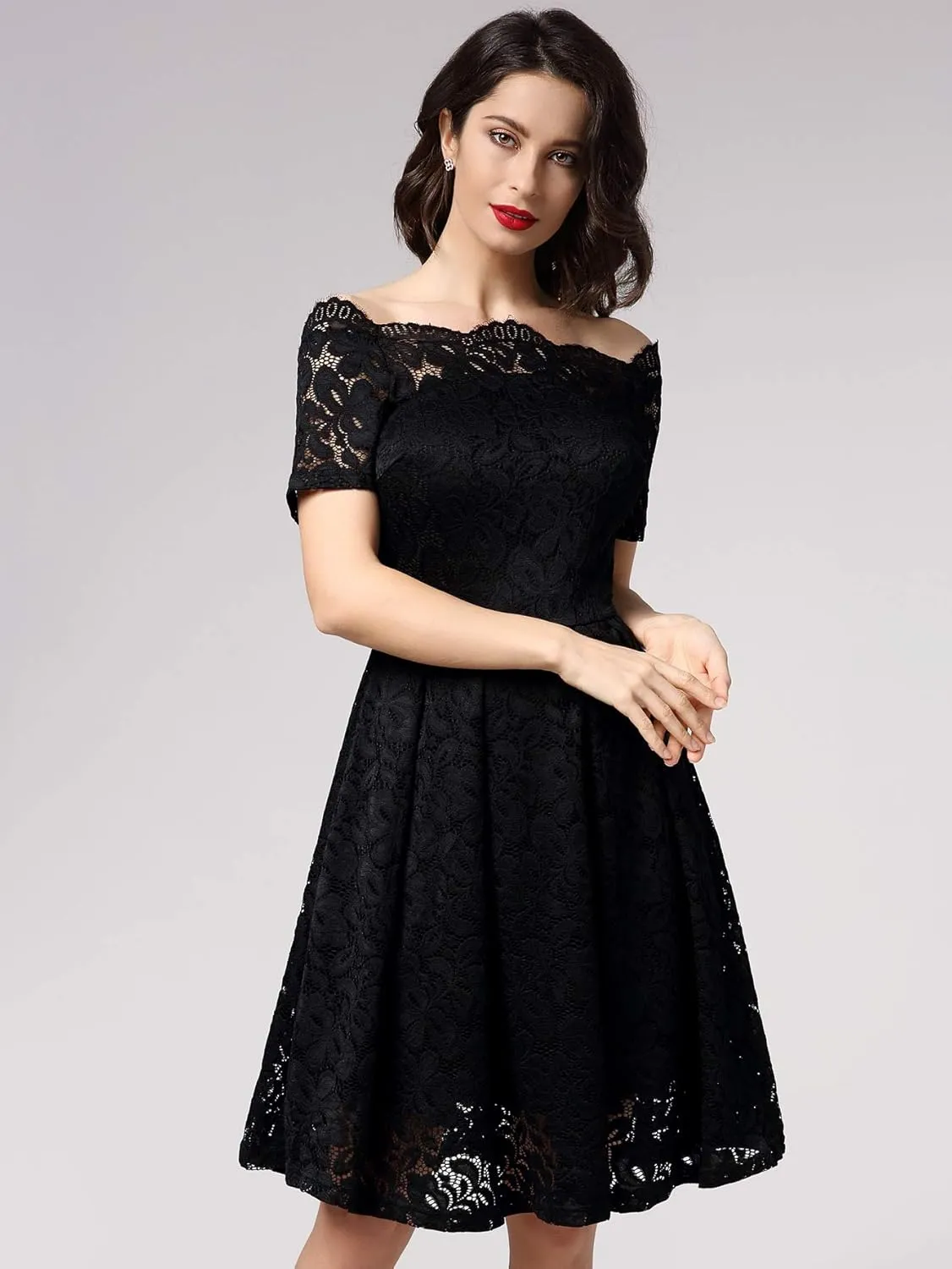 MISSMAY Women's Vintage Floral Lace Short Sleeve Boat Neck Cocktail Party Swing Dress