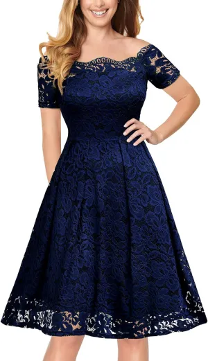 MISSMAY Women's Vintage Floral Lace Short Sleeve Boat Neck Cocktail Party Swing Dress