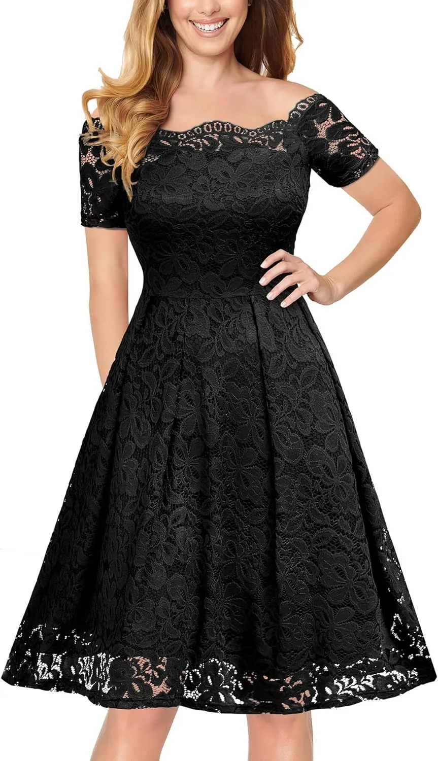 MISSMAY Women's Vintage Floral Lace Short Sleeve Boat Neck Cocktail Party Swing Dress
