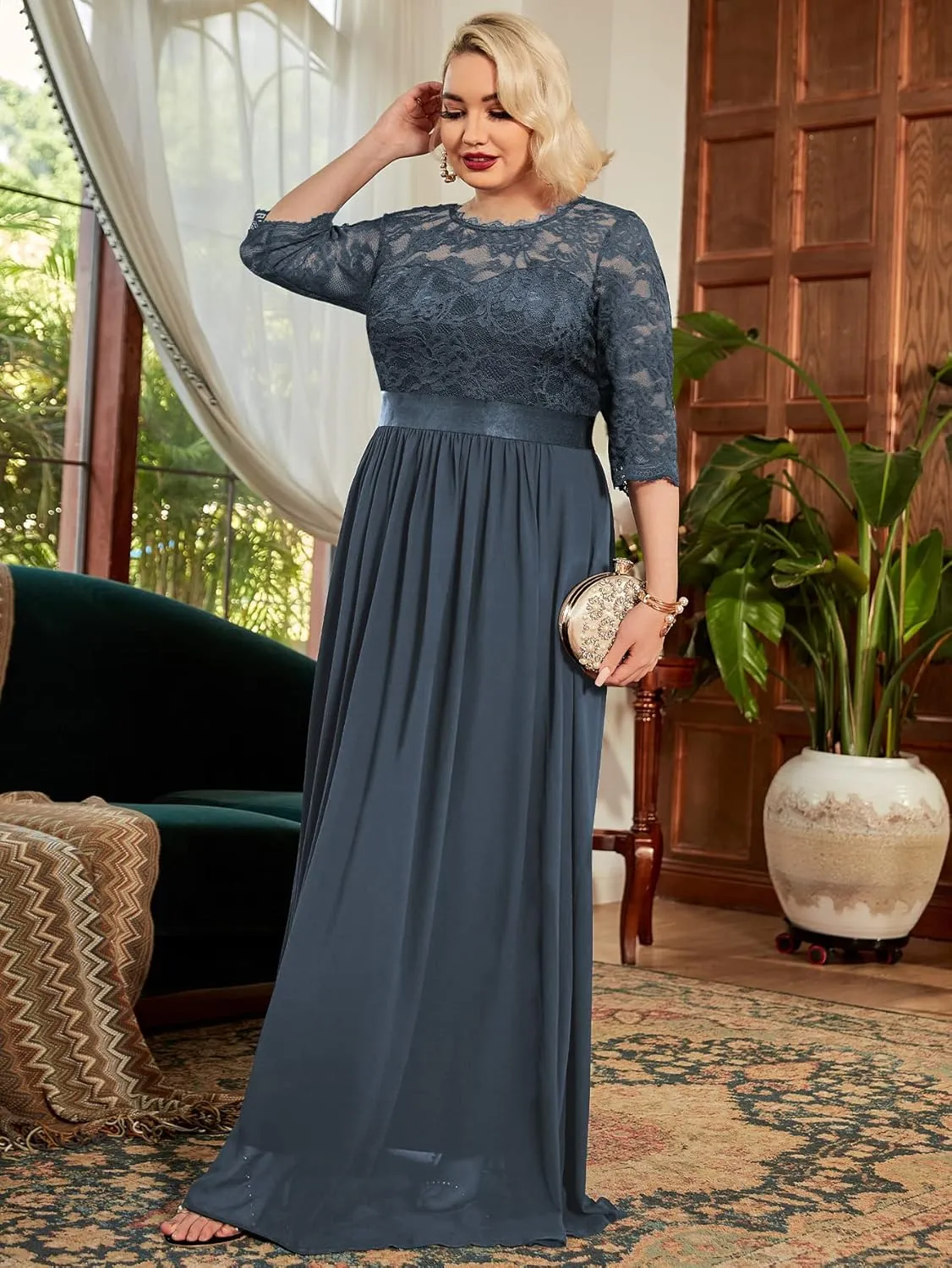 Miusol Women's Formal Floral Lace Plus Size Wedding Maxi Dress