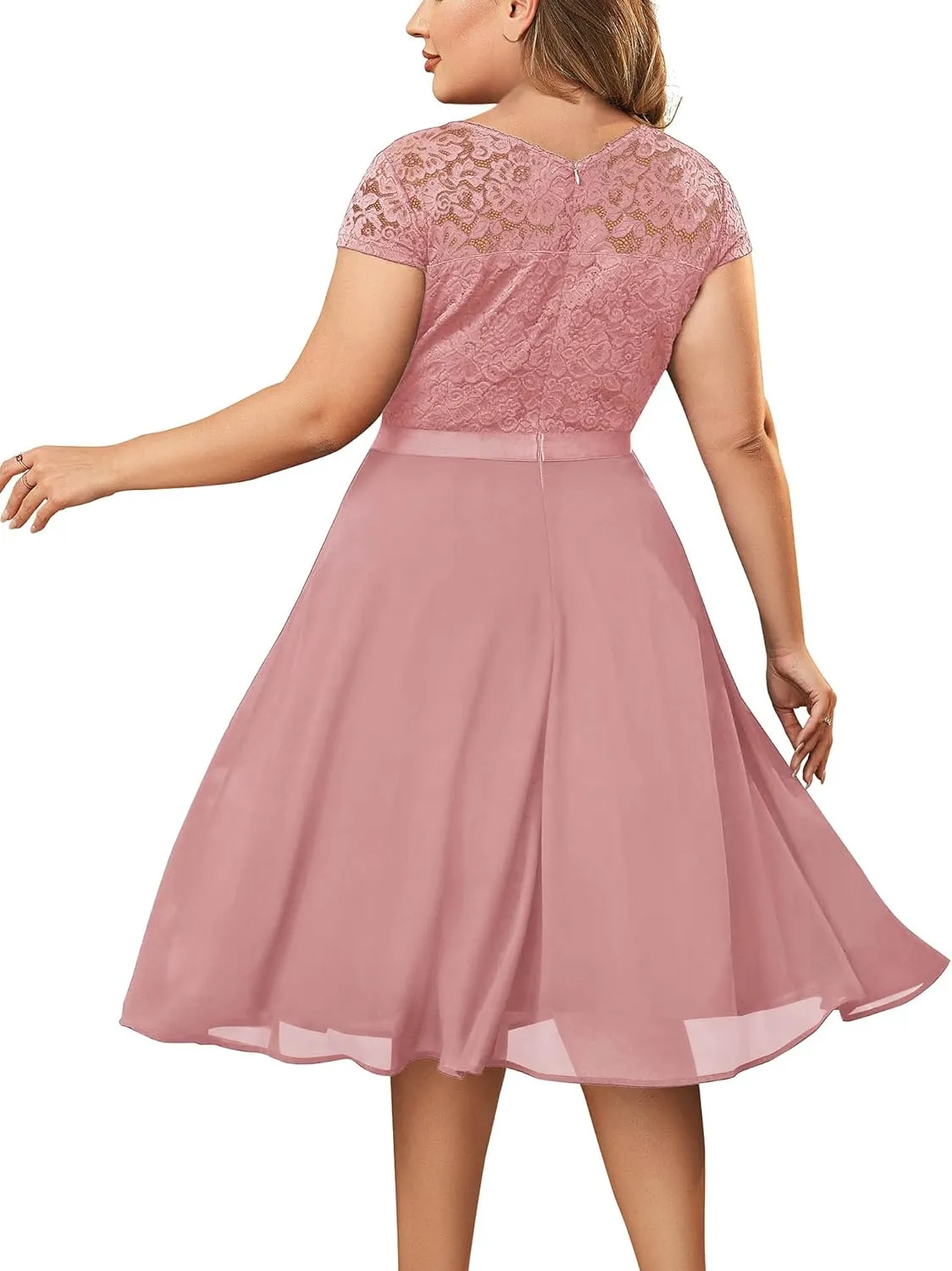 Miusol Women's Plus Size Ruffle Floral Lace Contrast Chiffon Formal Bridesmaid Party A-Line Cocktail Dress