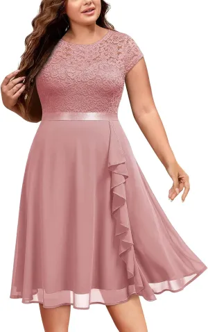 Miusol Women's Plus Size Ruffle Floral Lace Contrast Chiffon Formal Bridesmaid Party A-Line Cocktail Dress