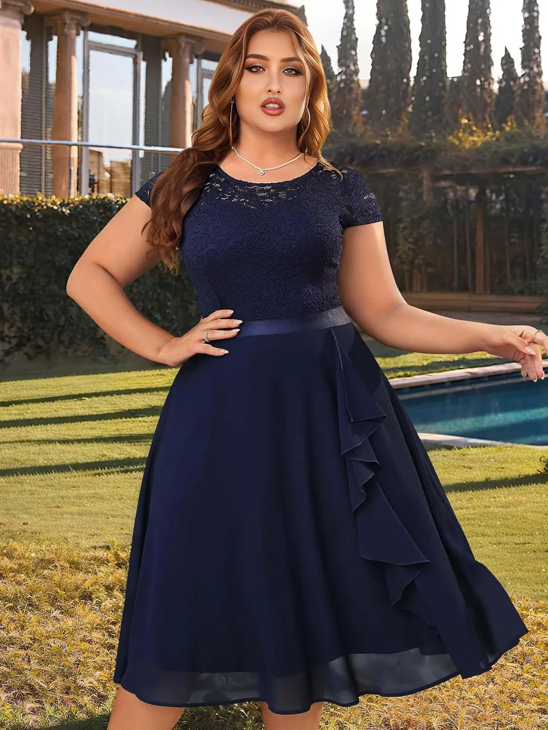 Miusol Women's Plus Size Ruffle Floral Lace Contrast Chiffon Formal Bridesmaid Party A-Line Cocktail Dress