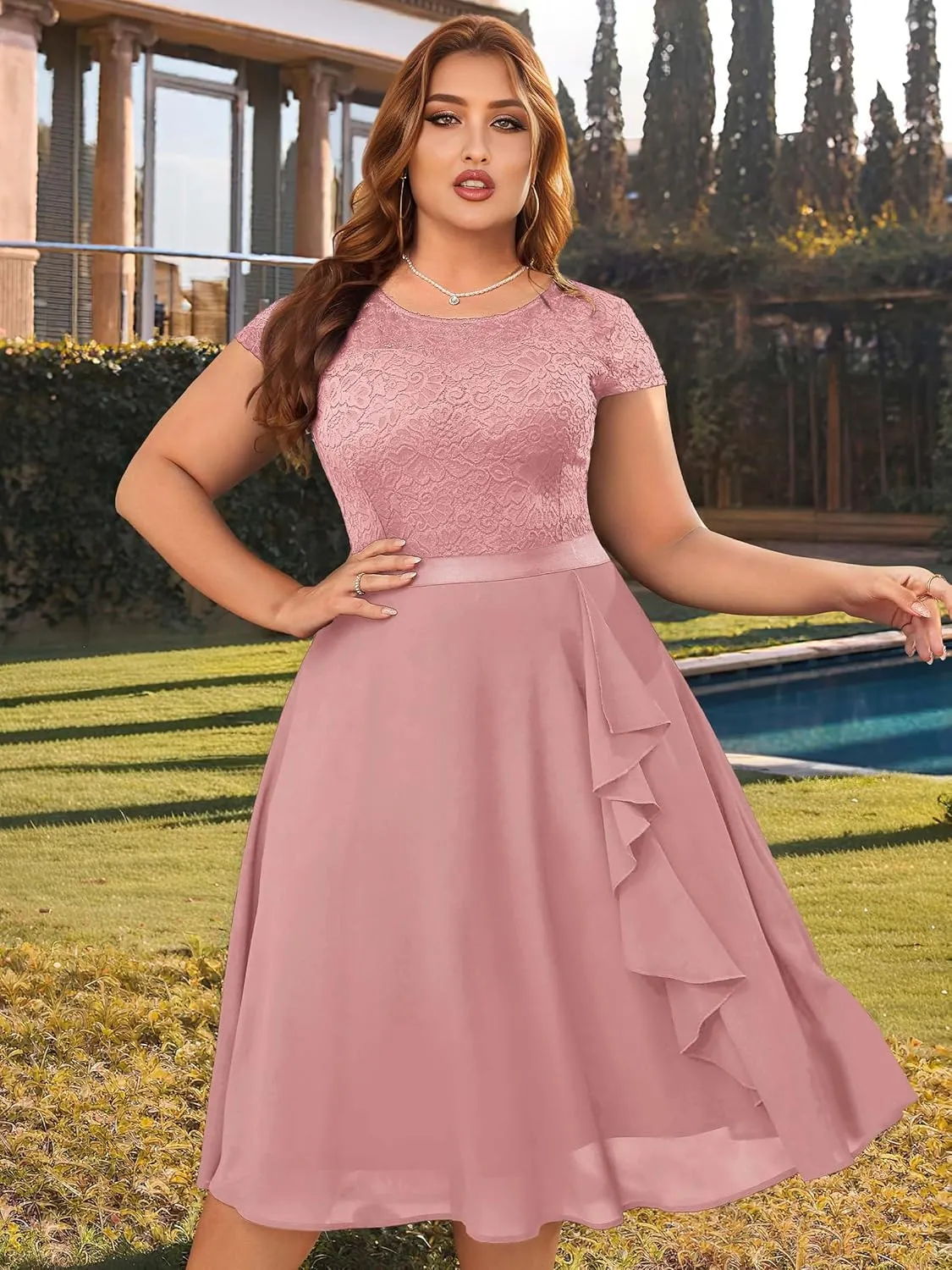 Miusol Women's Plus Size Ruffle Floral Lace Contrast Chiffon Formal Bridesmaid Party A-Line Cocktail Dress