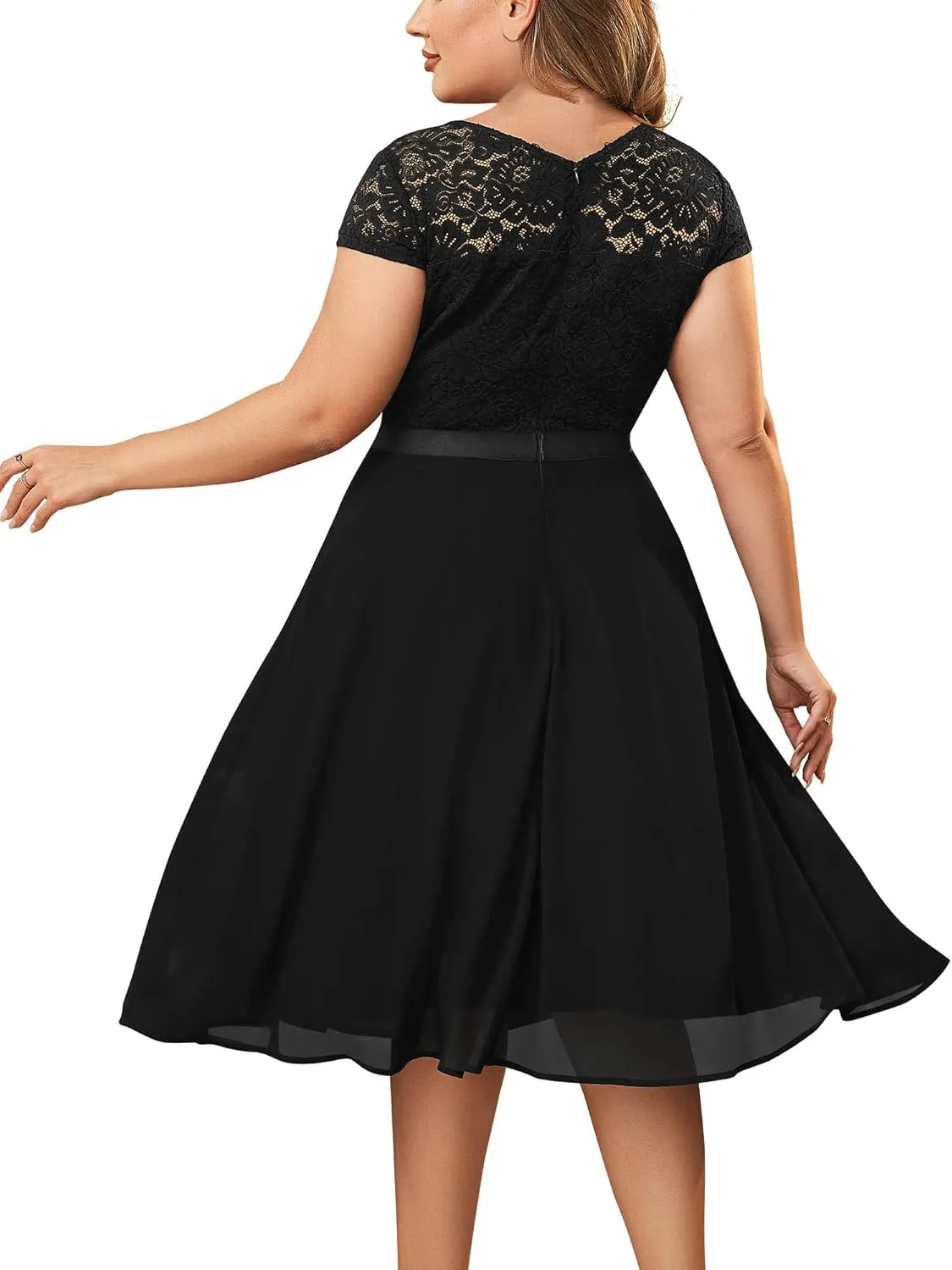 Miusol Women's Plus Size Ruffle Floral Lace Contrast Chiffon Formal Bridesmaid Party A-Line Cocktail Dress