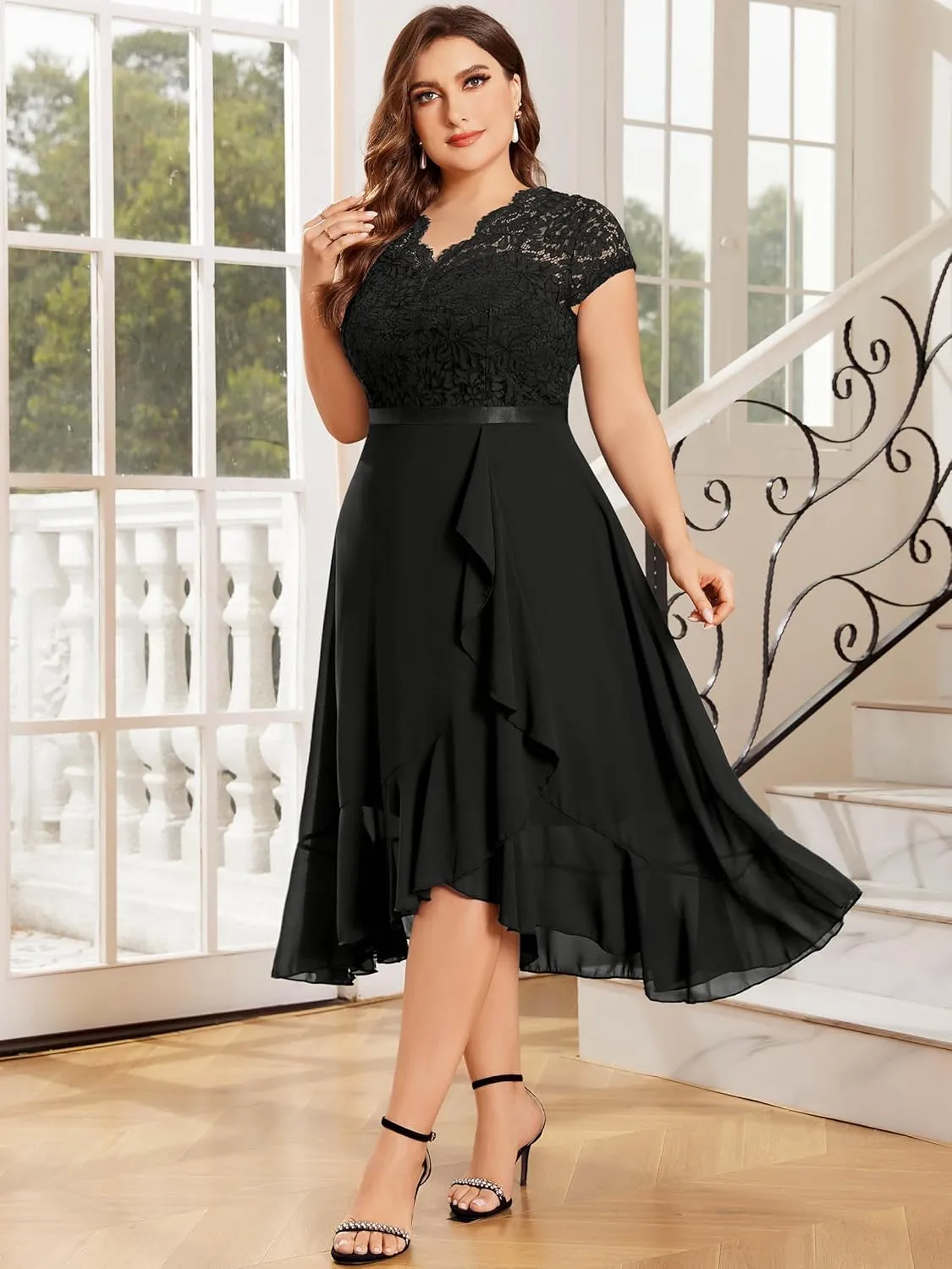 Miusol Women's Plus Size V Neck Elegant Floral Lace Ruffle Bridesmaid Maxi Dress